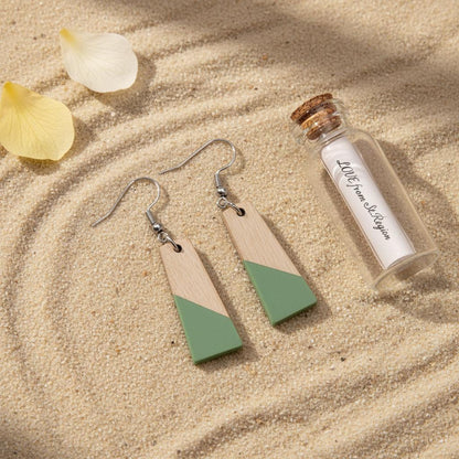 Green Resin and Wood Silvertone Patchwork Trapezoidâ€?Hook Earrings, silver drop earrings for women, lifestyle look