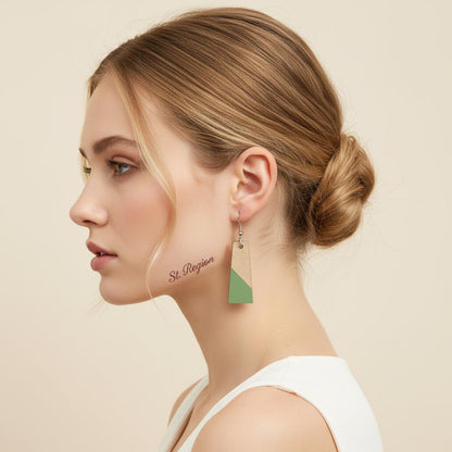Green Resin and Wood Silvertone Patchwork Trapezoidâ€?Hook Earrings, silver drop earrings for women, styled look