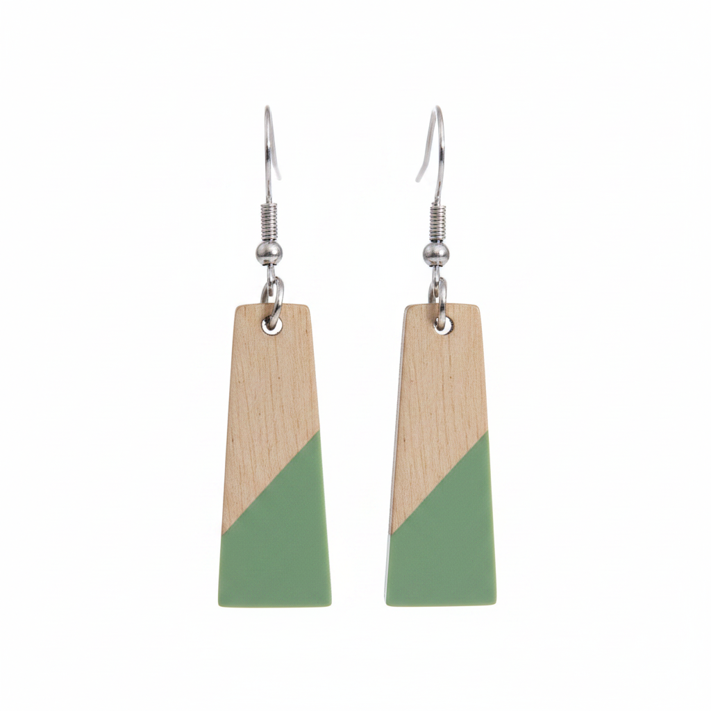 Green Resin & Wood Silvertone Patchwork Trapezoid‌ Hook Earrings - Street Region
