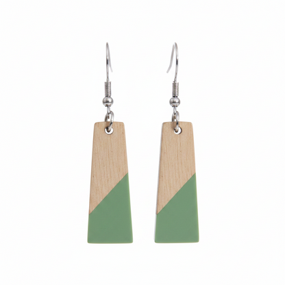 Green Resin & Wood Silvertone Patchwork Trapezoid‌ Hook Earrings - Street Region