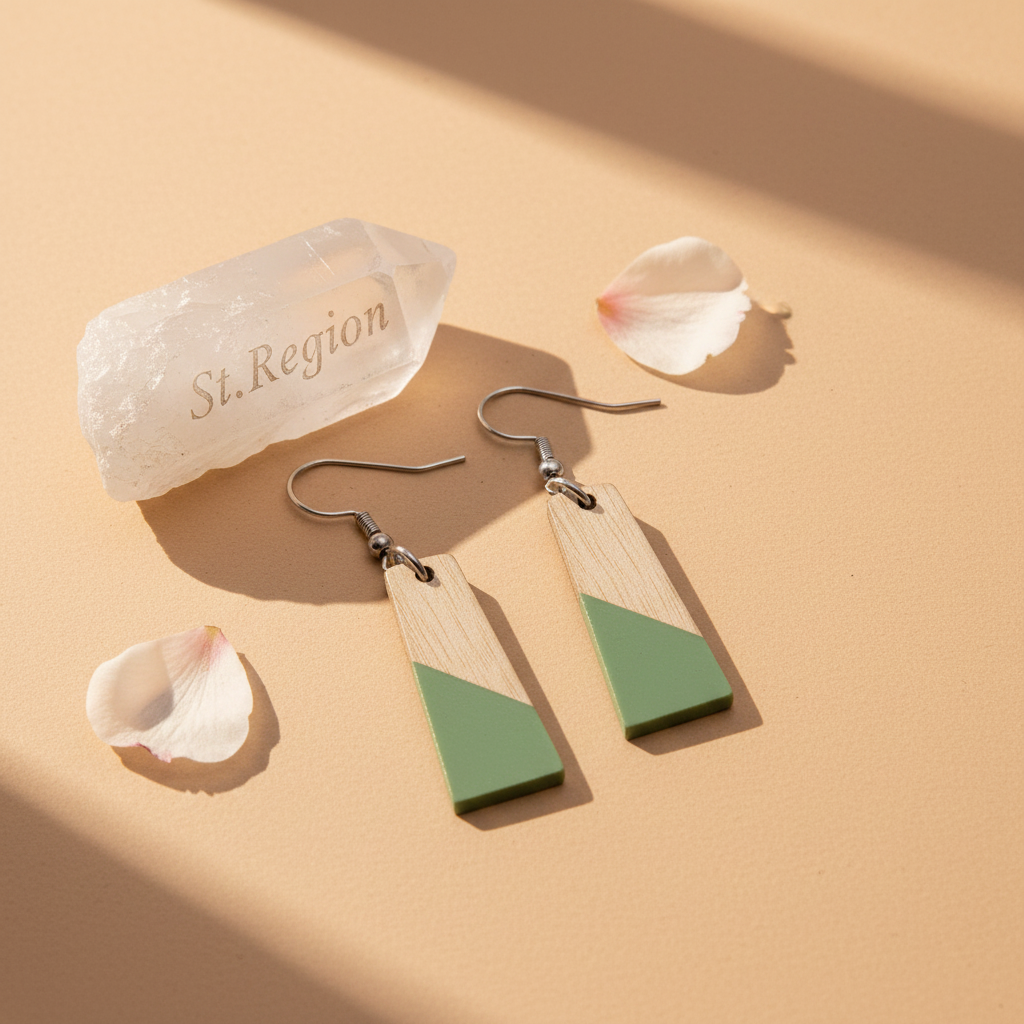 Green Resin & Wood Silvertone Patchwork Trapezoid‌ Hook Earrings - Street Region