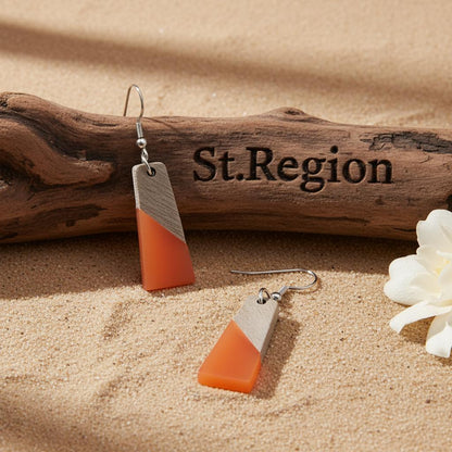 Orange Resin and Wood Silvertone Patchwork Trapezoid Hook Earrings, silver drop earrings for women, front view