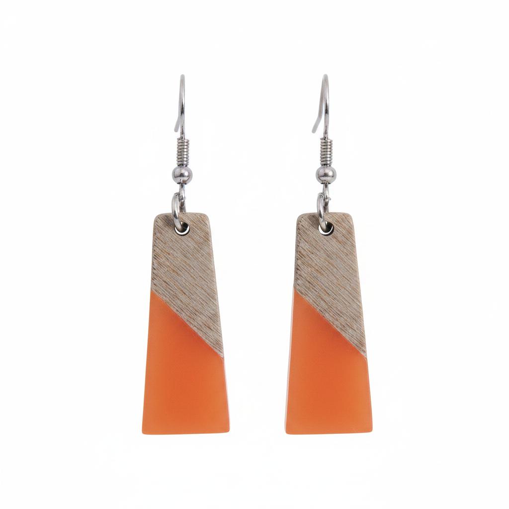 Orange Resin and Wood Silvertone Patchwork Trapezoid Hook Earrings, silver drop earrings for women, side view