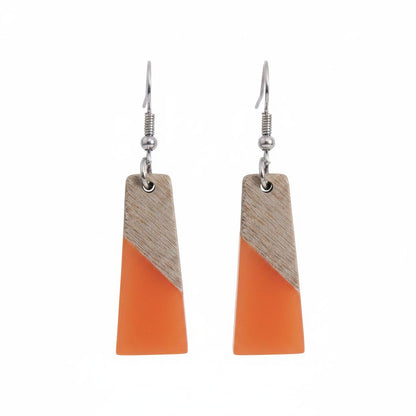 Orange Resin and Wood Silvertone Patchwork Trapezoid Hook Earrings, silver drop earrings for women, side view