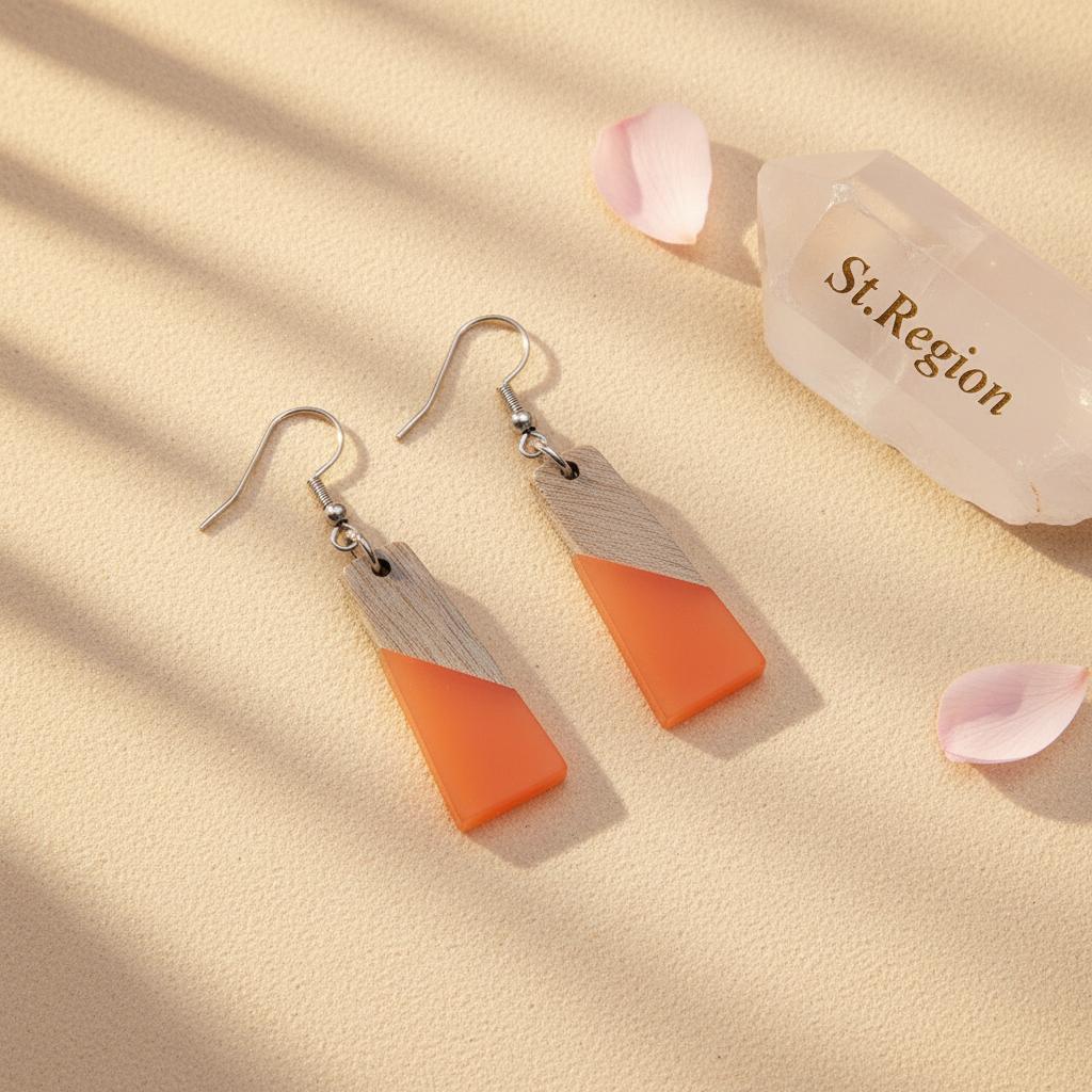 Orange Resin and Wood Silvertone Patchwork Trapezoid Hook Earrings, silver drop earrings for women, detail close-up