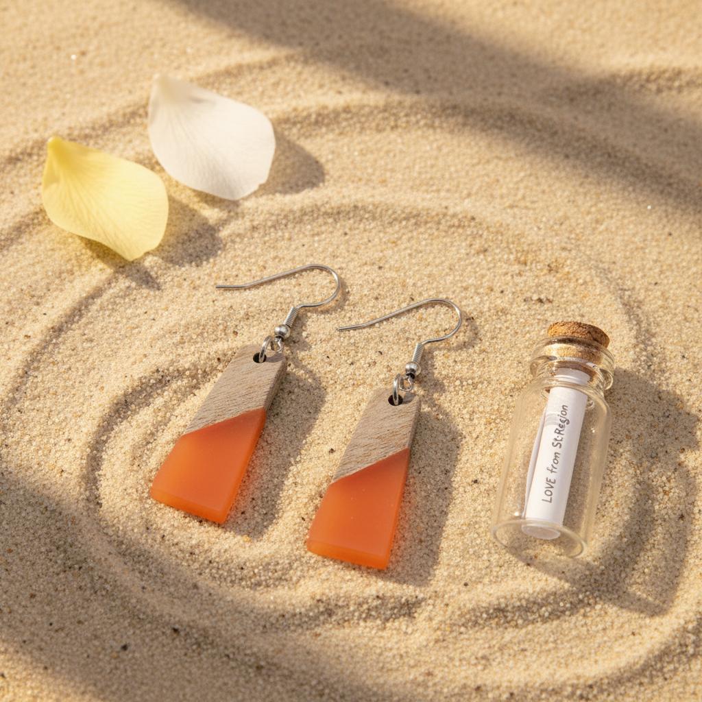 Orange Resin and Wood Silvertone Patchwork Trapezoid Hook Earrings, silver drop earrings for women, lifestyle look
