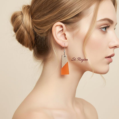 Orange Resin and Wood Silvertone Patchwork Trapezoid Hook Earrings, silver drop earrings for women, styled look