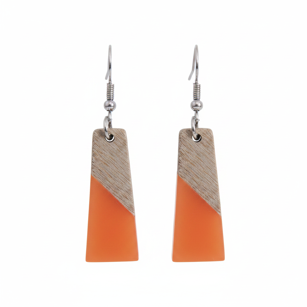 Orange Resin & Wood Silvertone Patchwork Trapezoid‌ Hook Earrings - Street Region