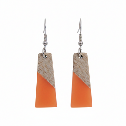 Orange Resin & Wood Silvertone Patchwork Trapezoid‌ Hook Earrings - Street Region