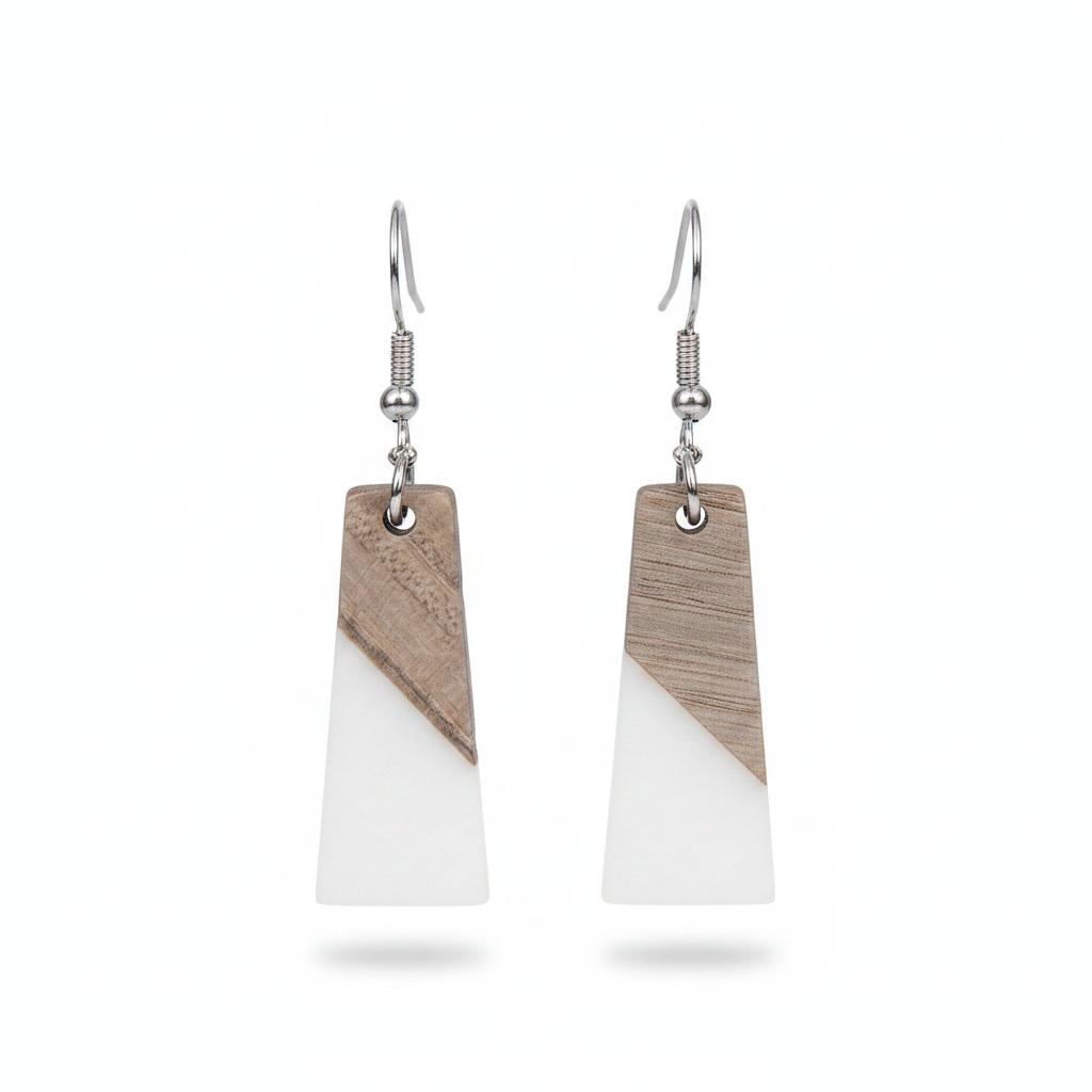 White Resin and Wood Silvertone Patchwork Trapezoidâ€?Hook Earrings, silver drop earrings for women, side view