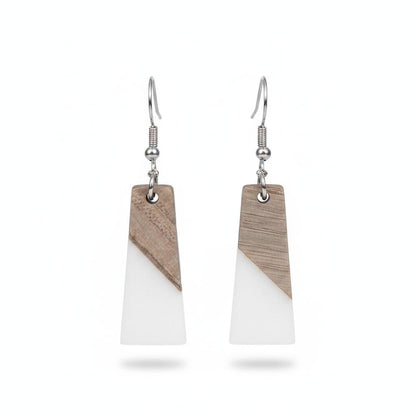 White Resin and Wood Silvertone Patchwork Trapezoidâ€?Hook Earrings, silver drop earrings for women, side view
