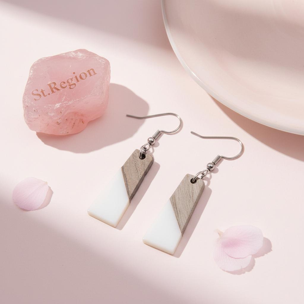 White Resin and Wood Silvertone Patchwork Trapezoidâ€?Hook Earrings, silver drop earrings for women, detail close-up