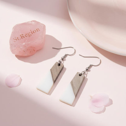White Resin and Wood Silvertone Patchwork Trapezoidâ€?Hook Earrings, silver drop earrings for women, detail close-up