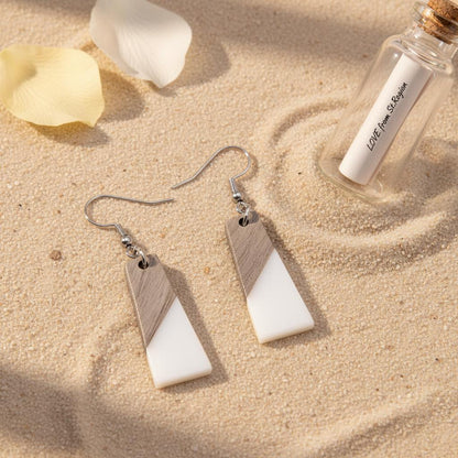 White Resin and Wood Silvertone Patchwork Trapezoidâ€?Hook Earrings, silver drop earrings for women, lifestyle look