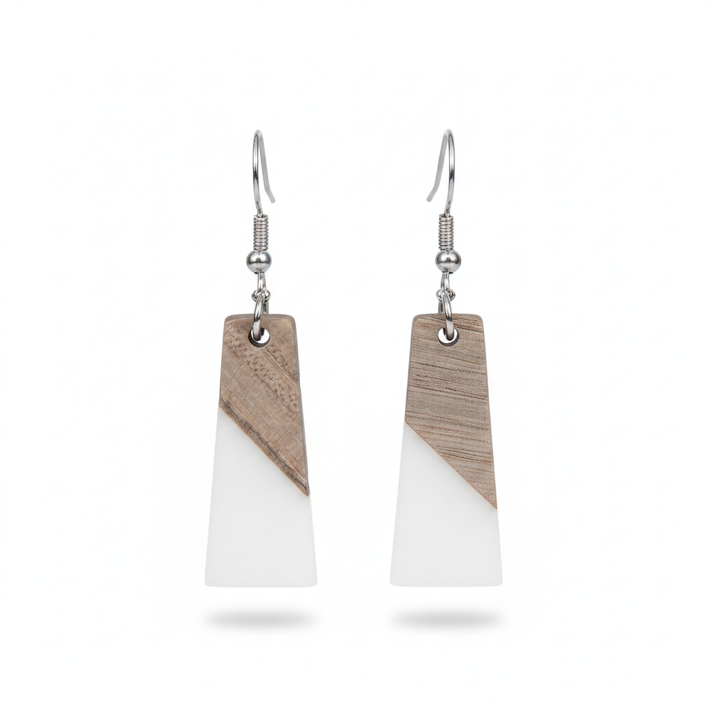 White Resin & Wood Silvertone Patchwork Trapezoid‌ Hook Earrings - Street Region