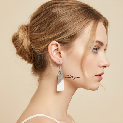 White Resin & Wood Silvertone Patchwork Trapezoid‌ Hook Earrings - Street Region