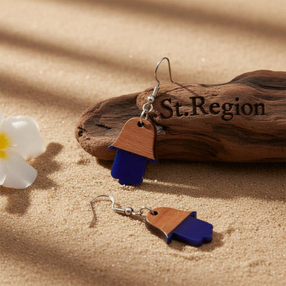 Blue Resin and Wood Silvertone Patchwork Hamsa Hook Earrings, silver drop earrings for women, botanical inspired, front view
