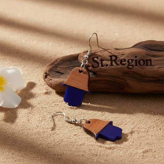 Blue Resin and Wood Silvertone Patchwork Hamsa Hook Earrings, gold drop earrings for women, botanical inspired, front view