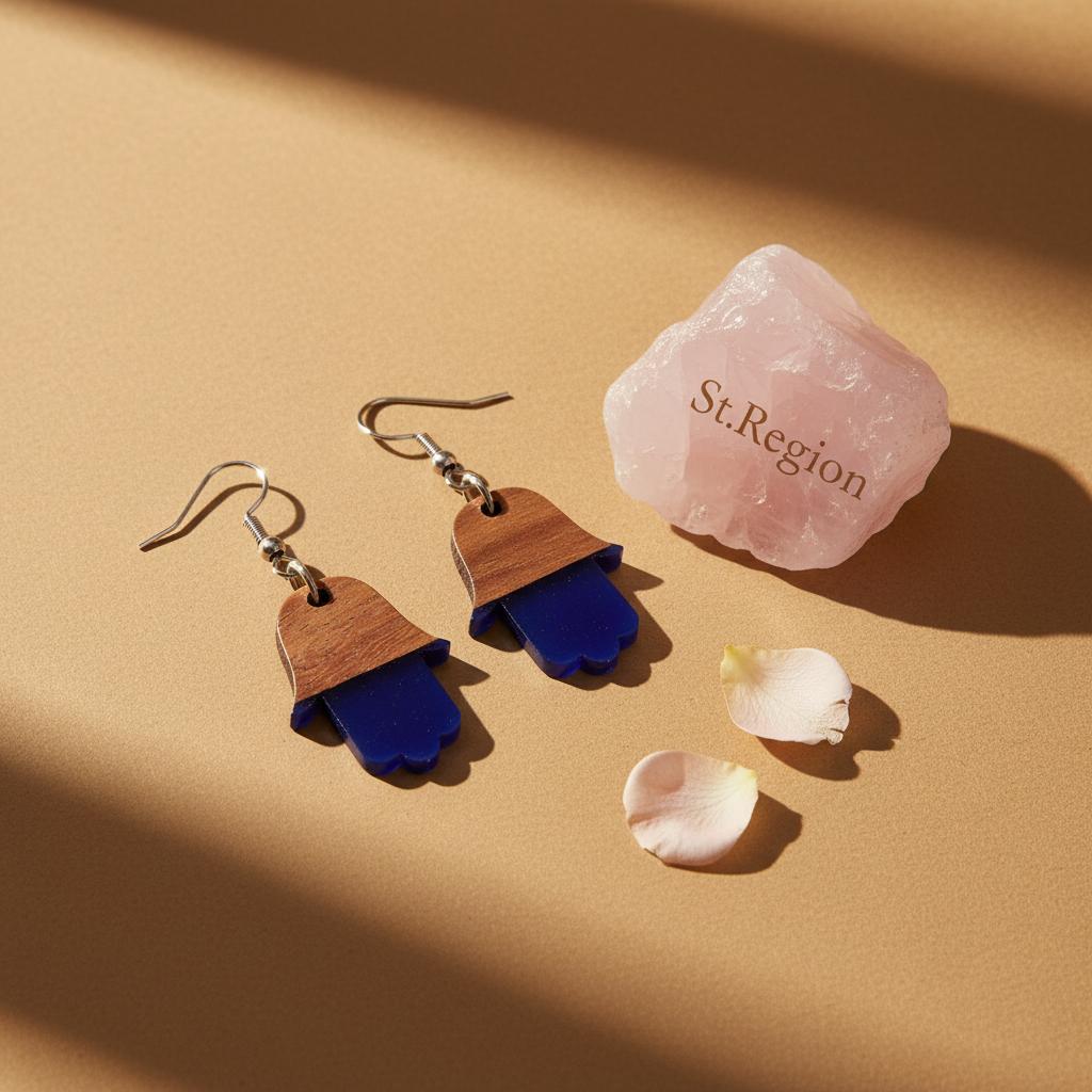 Blue Resin and Wood Silvertone Patchwork Hamsa Hook Earrings, silver drop earrings for women, detail close-up