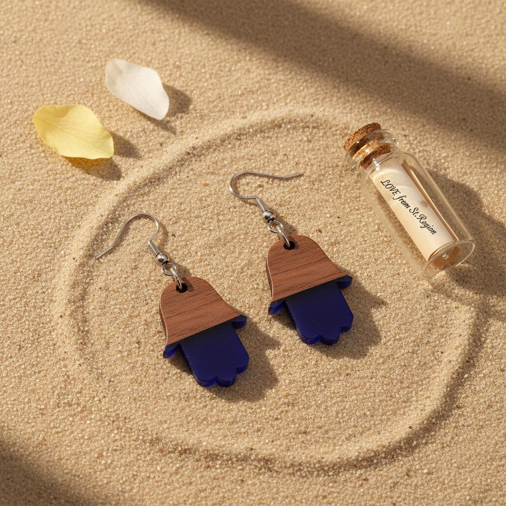 Blue Resin and Wood Silvertone Patchwork Hamsa Hook Earrings, silver drop earrings for women, lifestyle look