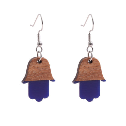 Blue Resin & Wood Silvertone Patchwork Hamsa Hook Earrings - Street Region