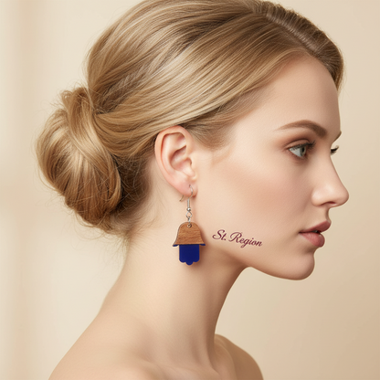 Blue Resin & Wood Silvertone Patchwork Hamsa Hook Earrings - Street Region