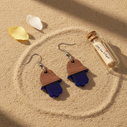 Blue Resin & Wood Silvertone Patchwork Hamsa Hook Earrings - Street Region