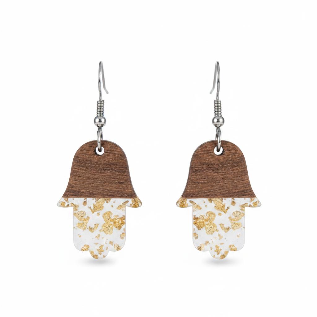 Clear Resin and Wood Silvertone Patchwork Hamsa Hook Earrings, silver drop earrings for women, side view