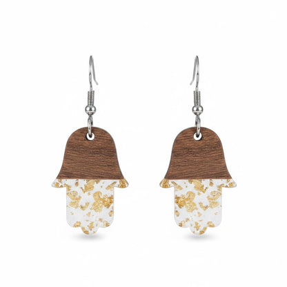 Clear Resin and Wood Silvertone Patchwork Hamsa Hook Earrings, silver drop earrings for women, side view