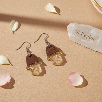 Clear Resin and Wood Silvertone Patchwork Hamsa Hook Earrings, silver drop earrings for women, detail close-up