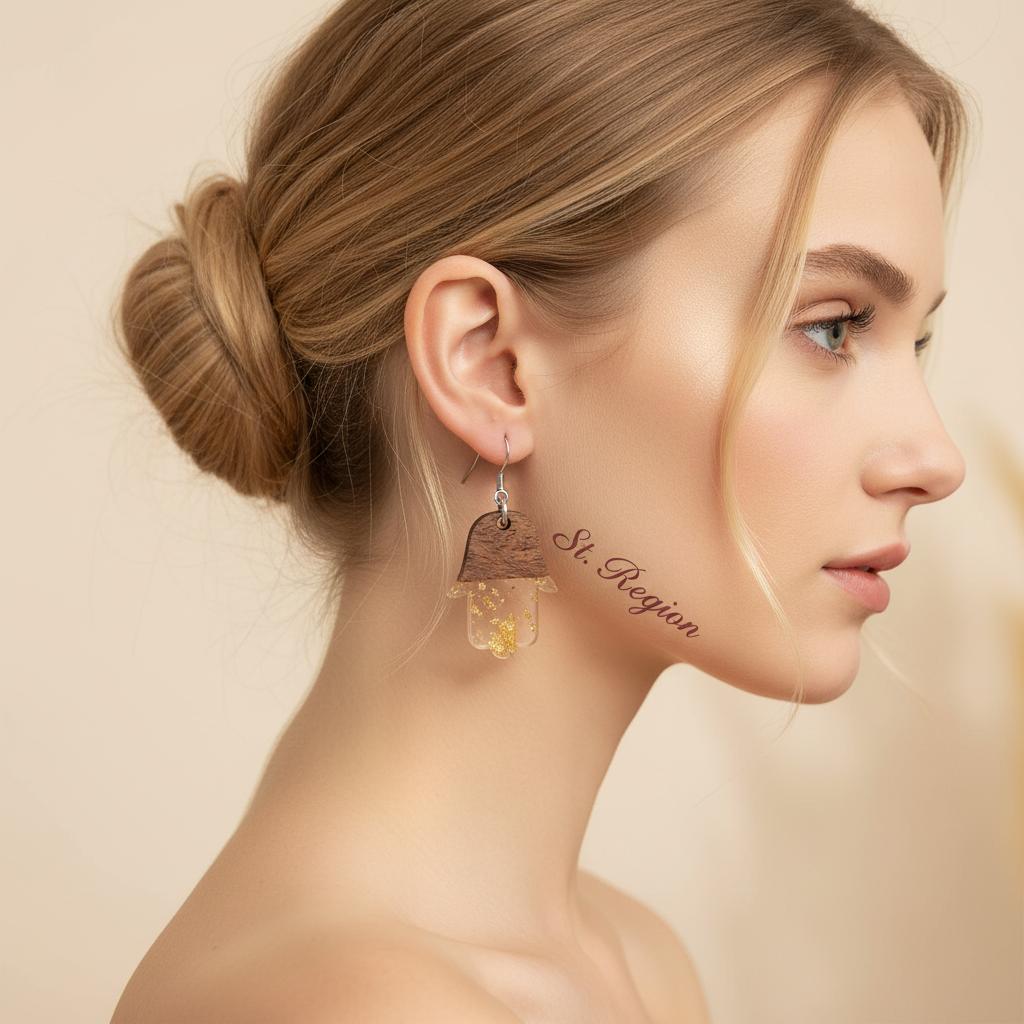 Clear Resin and Wood Silvertone Patchwork Hamsa Hook Earrings, silver drop earrings for women, styled look