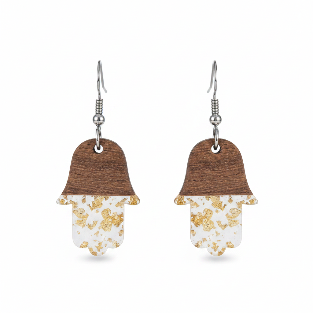 Clear Resin & Wood Silvertone Patchwork Hamsa Hook Earrings - Street Region