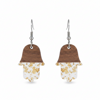 Clear Resin & Wood Silvertone Patchwork Hamsa Hook Earrings - Street Region
