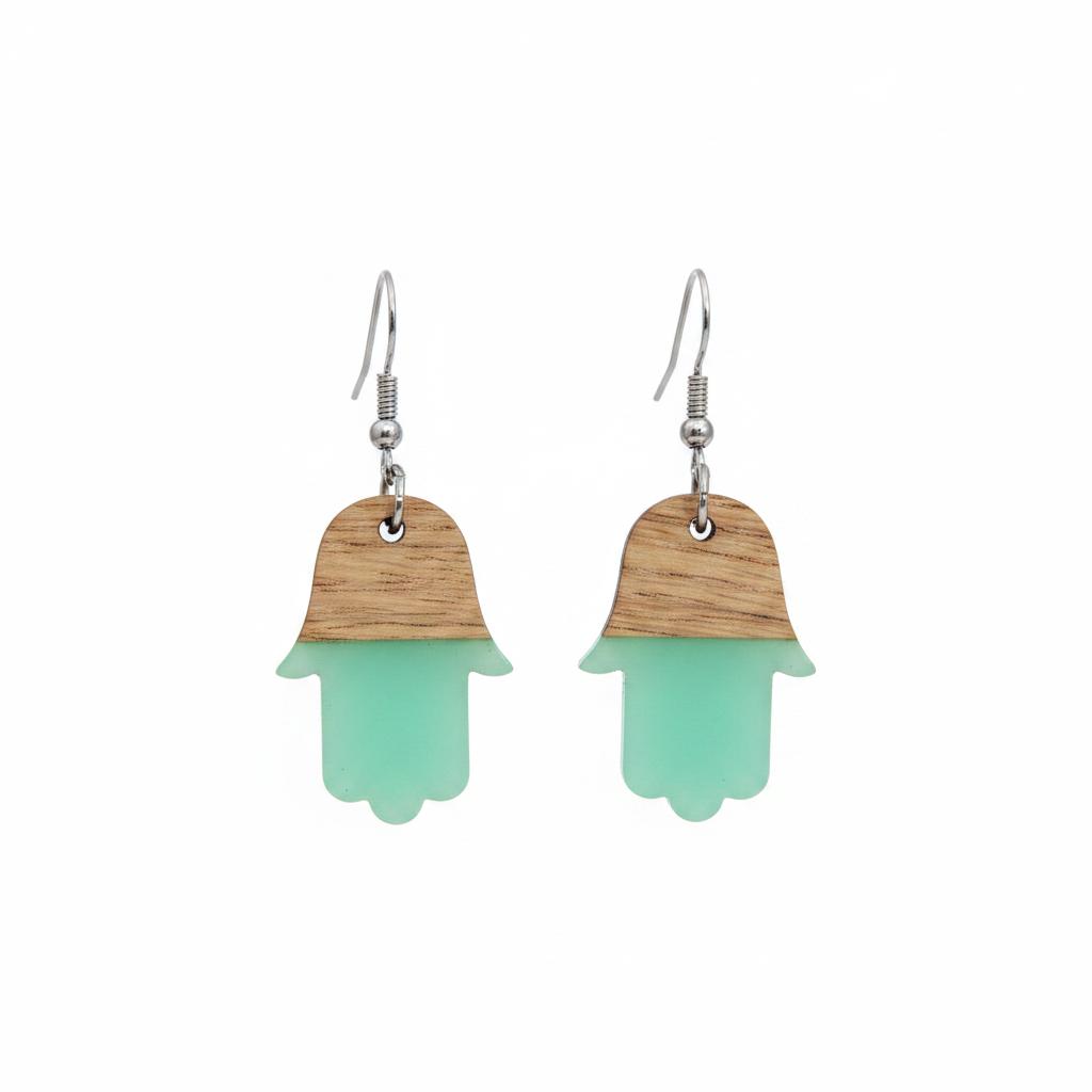 Green Resin and Wood Silvertone Patchwork Hamsa Hook Earrings, silver drop earrings for women, side view