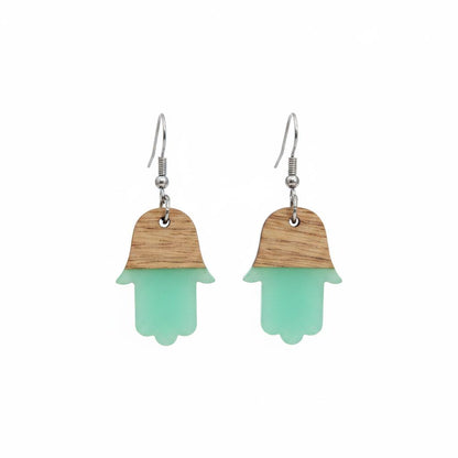 Green Resin and Wood Silvertone Patchwork Hamsa Hook Earrings, silver drop earrings for women, side view