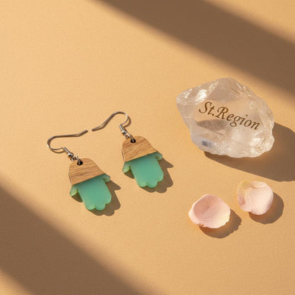 Green Resin and Wood Silvertone Patchwork Hamsa Hook Earrings, silver drop earrings for women, detail close-up