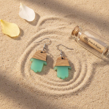 Green Resin and Wood Silvertone Patchwork Hamsa Hook Earrings, silver drop earrings for women, lifestyle look