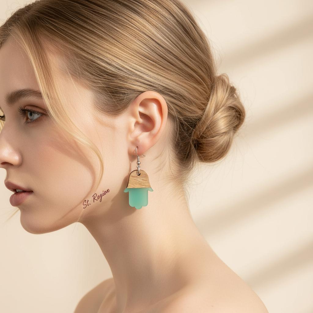 Green Resin and Wood Silvertone Patchwork Hamsa Hook Earrings, silver drop earrings for women, styled look