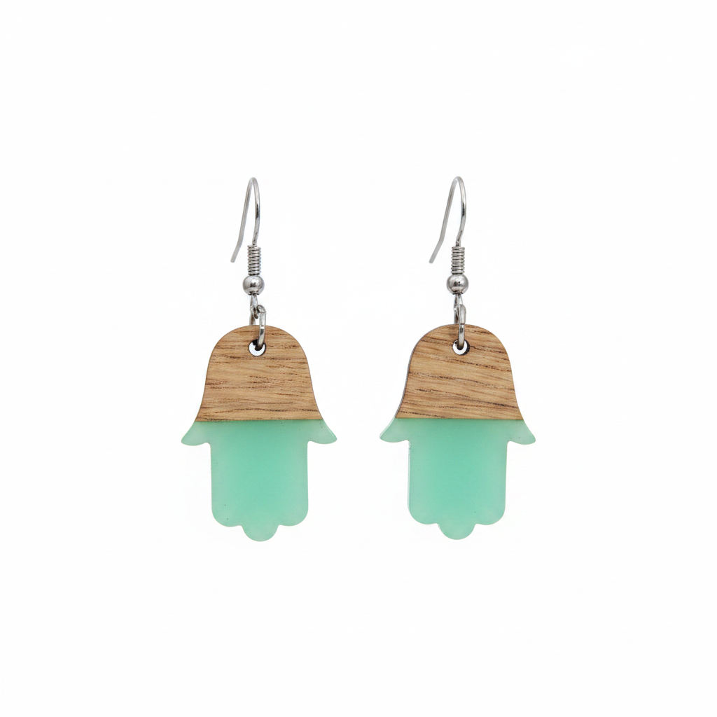 Green Resin & Wood Silvertone Patchwork Hamsa Hook Earrings - Street Region