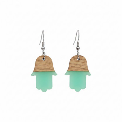Green Resin & Wood Silvertone Patchwork Hamsa Hook Earrings - Street Region