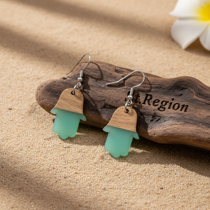 Green Resin & Wood Silvertone Patchwork Hamsa Hook Earrings - Street Region