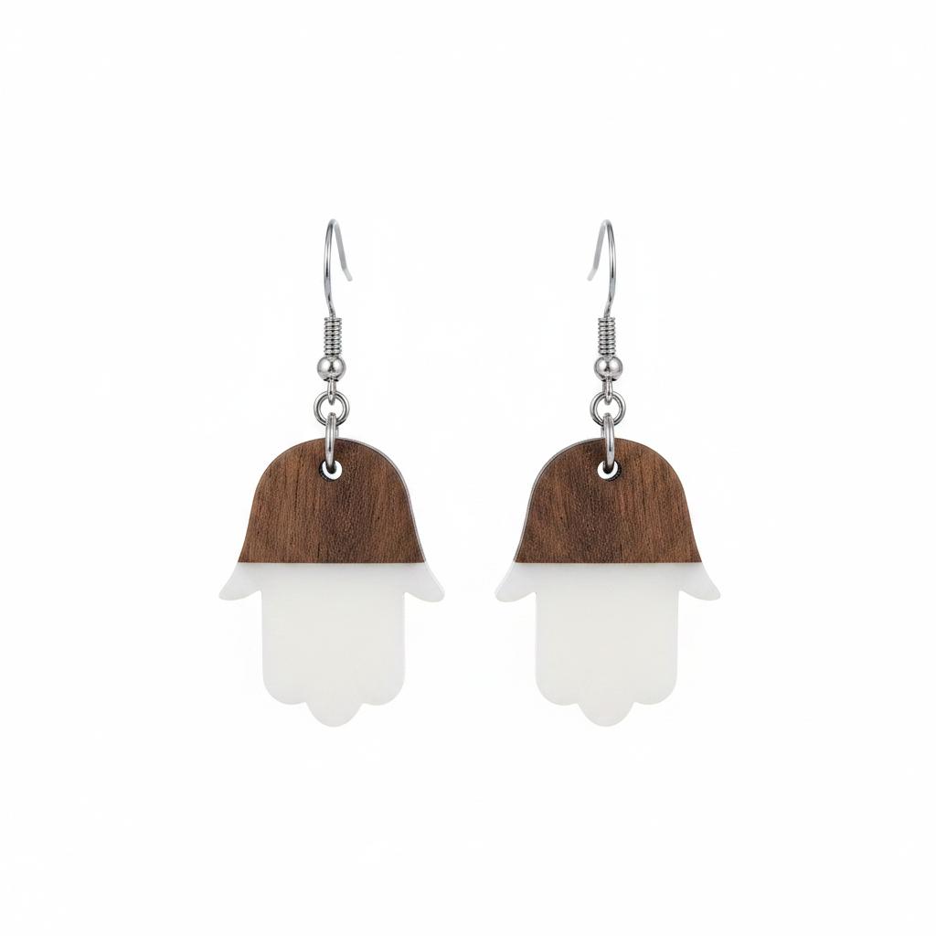 White Resin and Wood Silvertone Patchwork Hamsa Hook Earrings, silver drop earrings for women, everyday style, side view