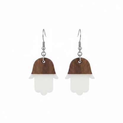 White Resin and Wood Silvertone Patchwork Hamsa Hook Earrings, silver drop earrings for women, everyday style, side view