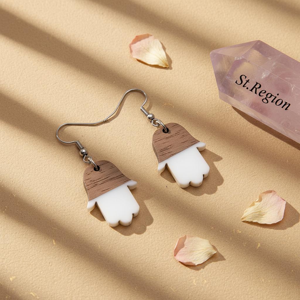 White Resin and Wood Silvertone Patchwork Hamsa Hook Earrings, silver drop earrings for women, detail close-up