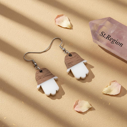 White Resin and Wood Silvertone Patchwork Hamsa Hook Earrings, silver drop earrings for women, detail close-up