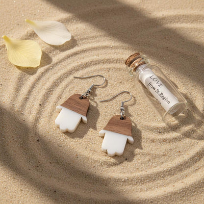White Resin and Wood Silvertone Patchwork Hamsa Hook Earrings, silver drop earrings for women, everyday style, lifestyle look