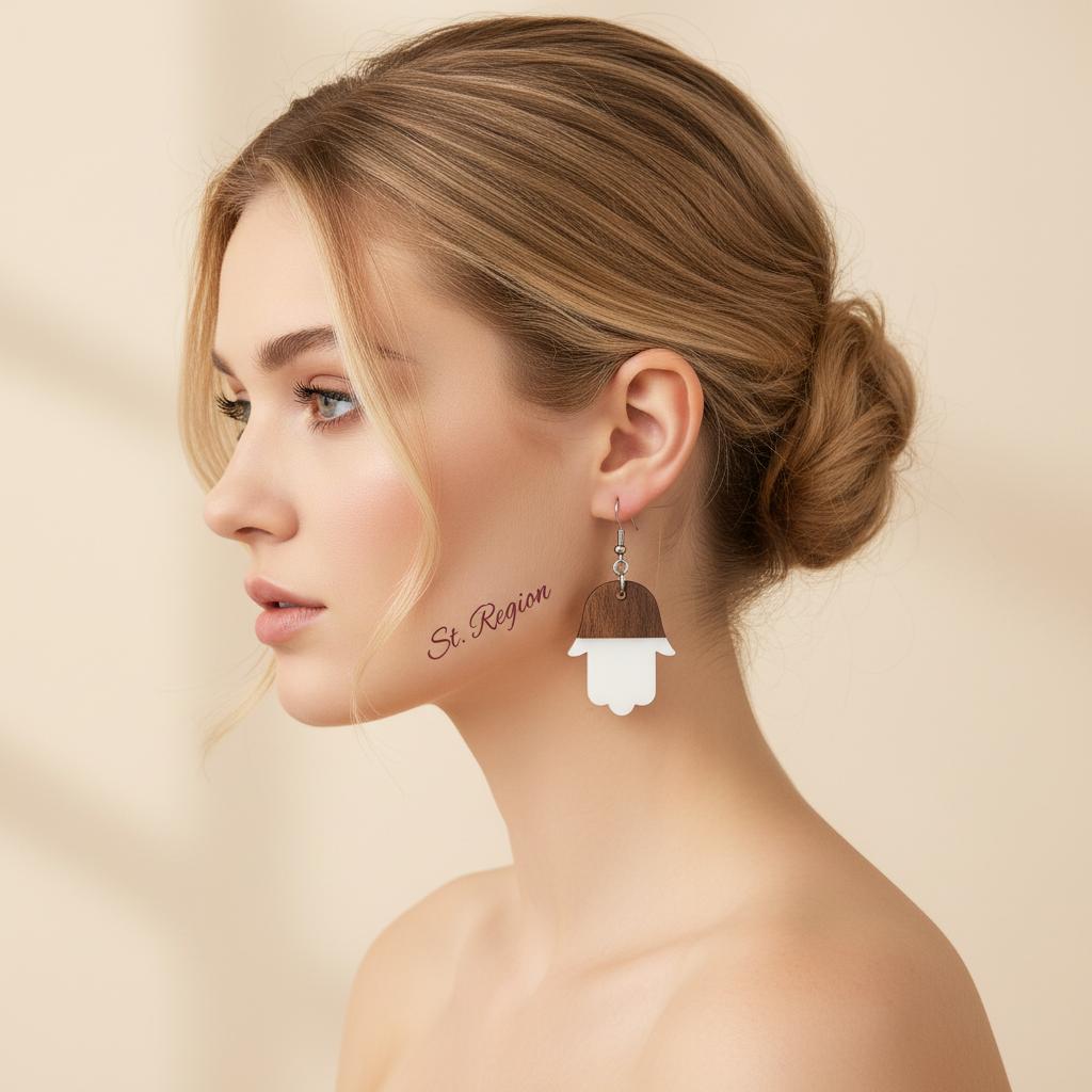 White Resin and Wood Silvertone Patchwork Hamsa Hook Earrings, silver drop earrings for women, everyday style, styled look