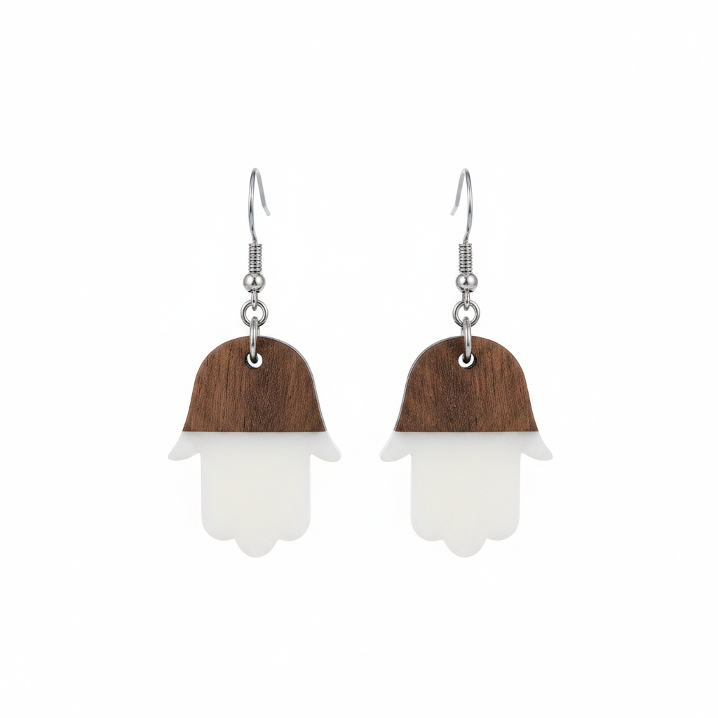 White Resin & Wood Silvertone Patchwork Hamsa Hook Earrings - Street Region