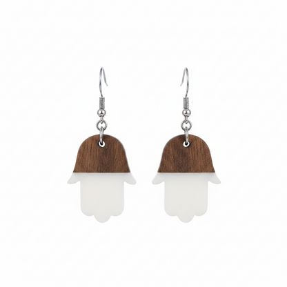 White Resin & Wood Silvertone Patchwork Hamsa Hook Earrings - Street Region