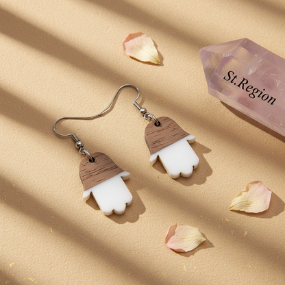 White Resin & Wood Silvertone Patchwork Hamsa Hook Earrings - Street Region